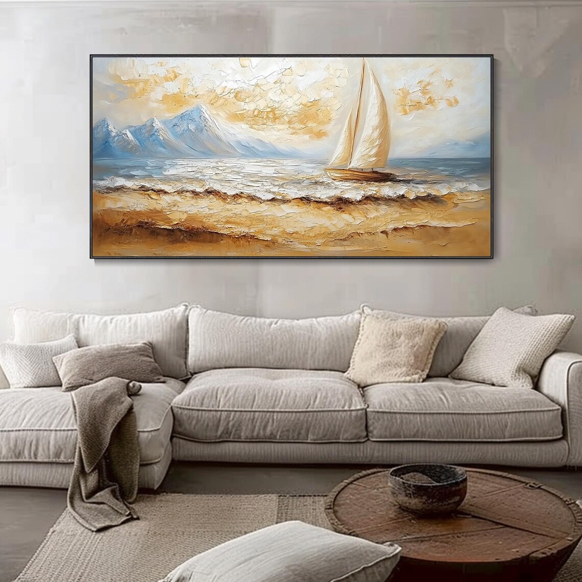 Sailboat Golden Ocean Blue Mountains Beige Seascape Art Poster - Image 4