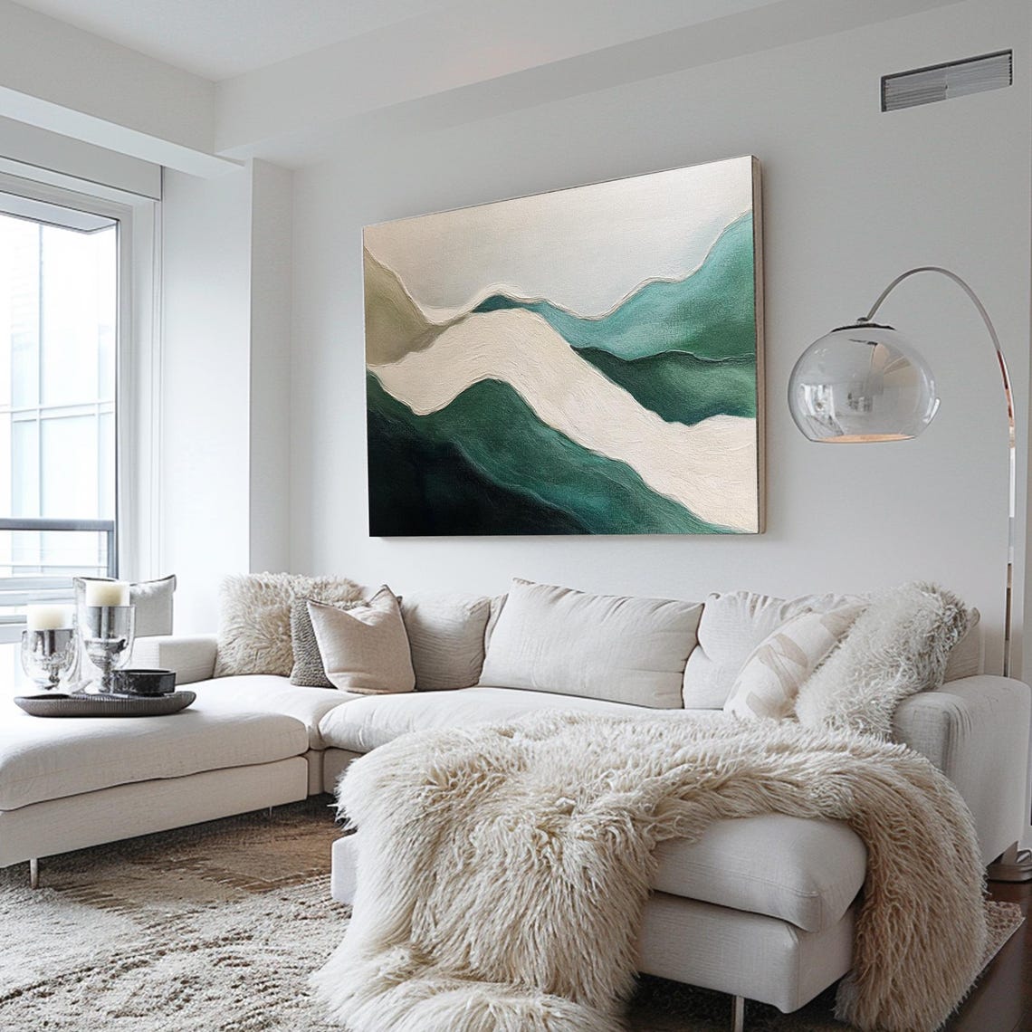 Minimalist Green White Rolling Hills Abstract Waves Art Poster - Image 2