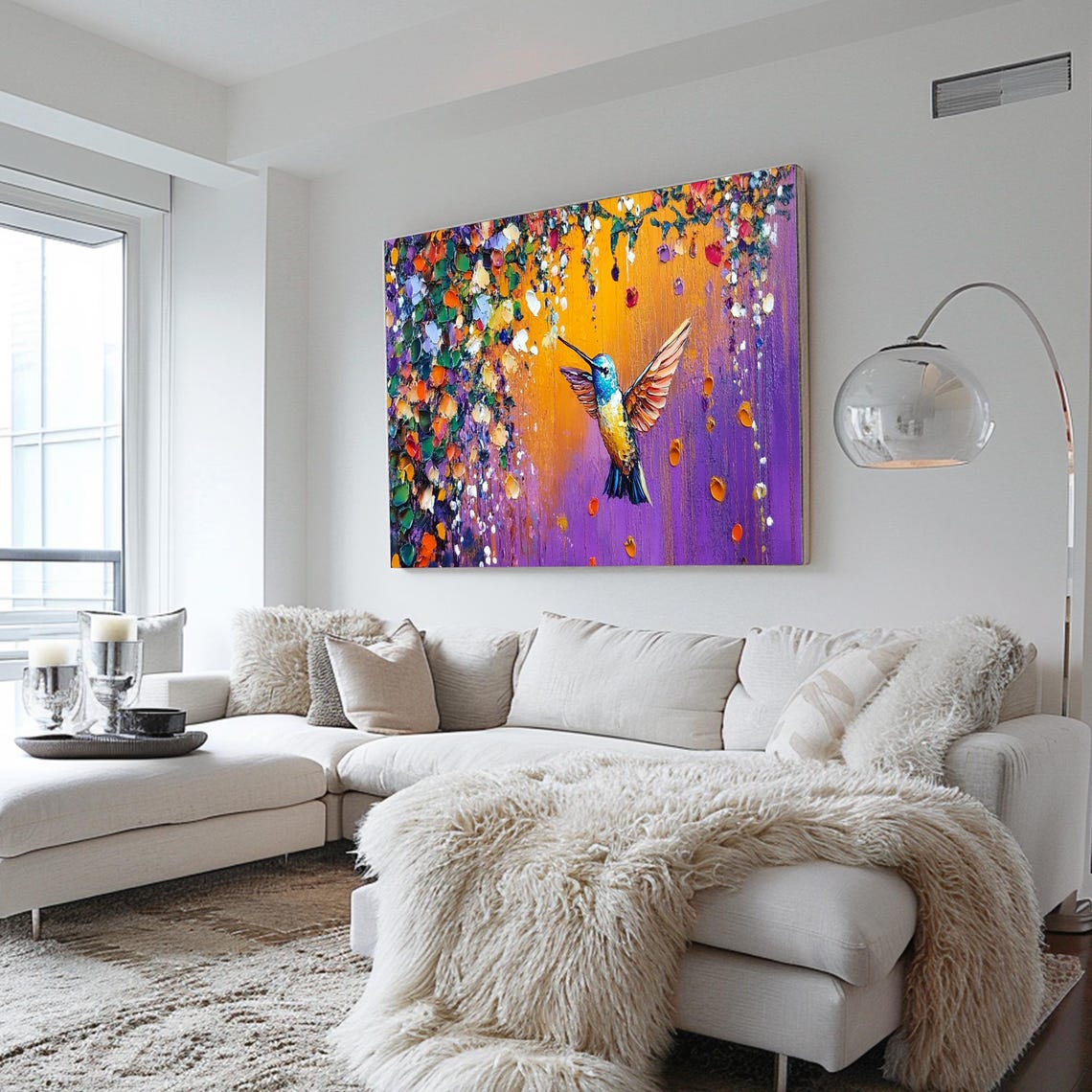 Hummingbird Copper Wings Purple Sunset Petals Impasto Art Poster - Image 2