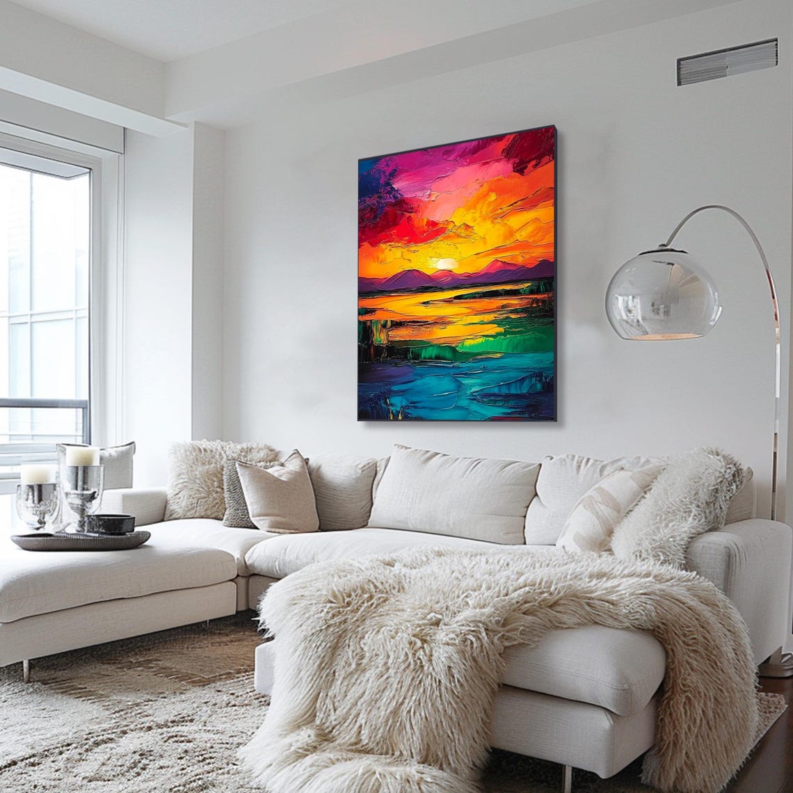 Vibrant Sunset Mountains Over Turquoise Water Abstract Art Poster - Image 2