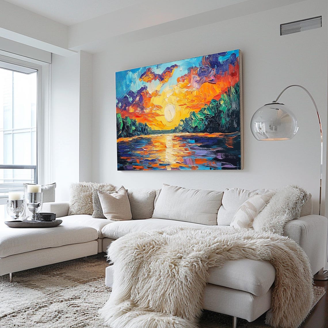Vibrant Sunset Over Lake Dramatic Clouds Reflection Art Poster - Image 2