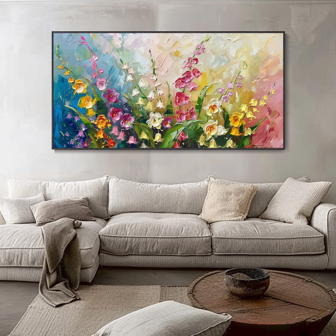 Colorful Wildflower Meadow Blue Gold Background Impasto Art Poster - Image 3