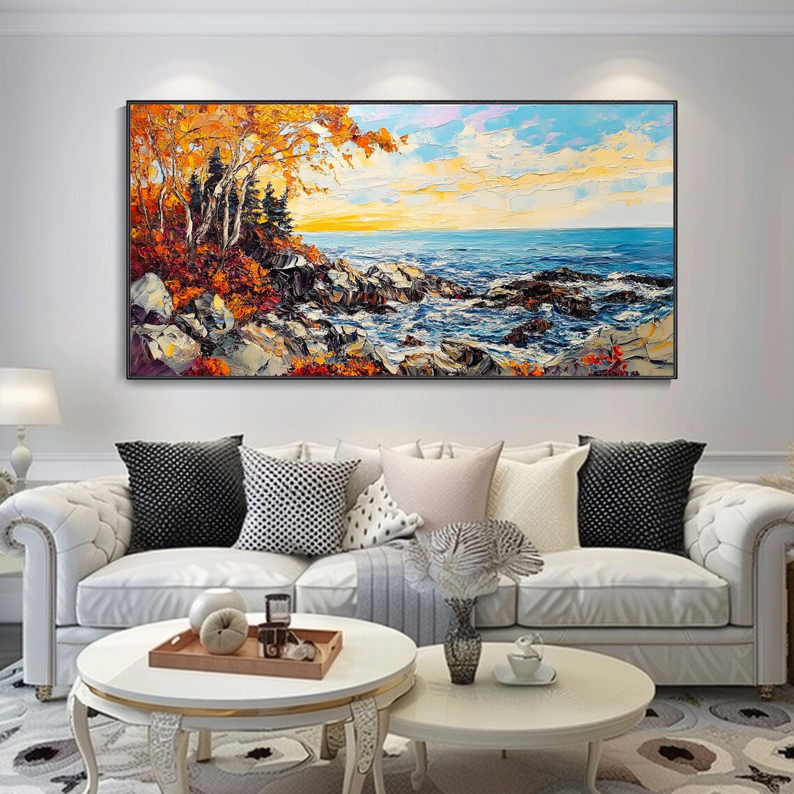 Autumn Rocky Coastline Ocean Sunset Orange Foliage Art Poster - Image 3