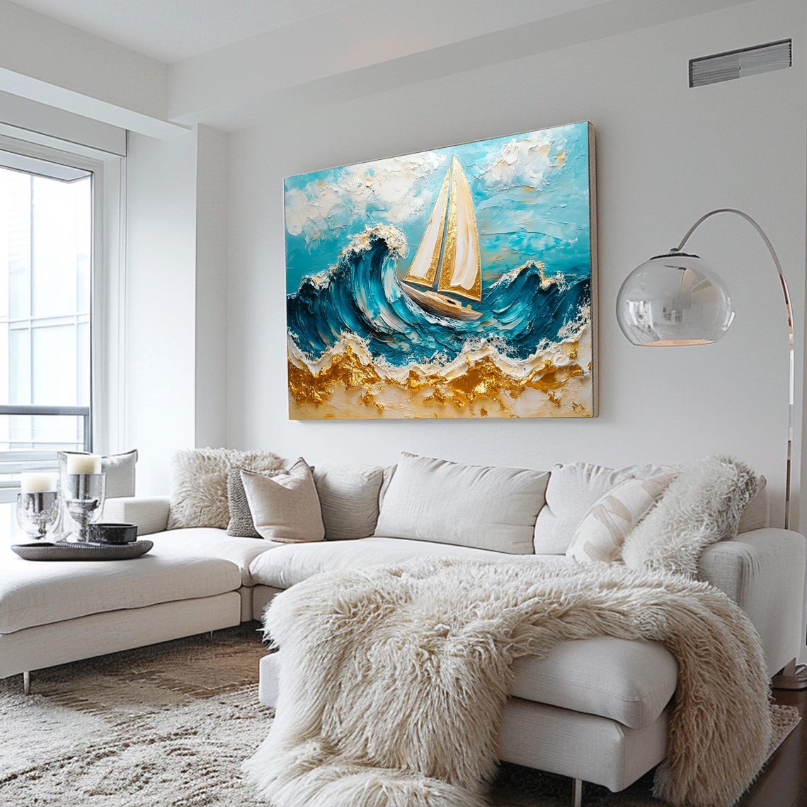 Golden Sailed Sailboat Riding Big Blue Wave Impasto Art Poster - Image 2