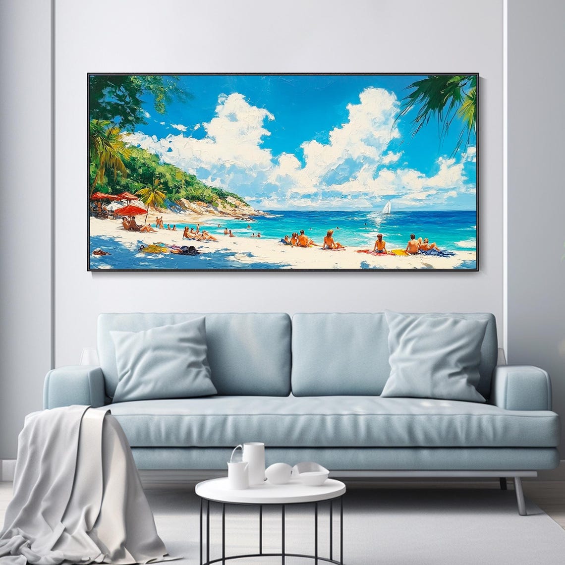 Tropical Beach Sunbathers Palm Trees Sailboat Ocean Art Poster - Image 3