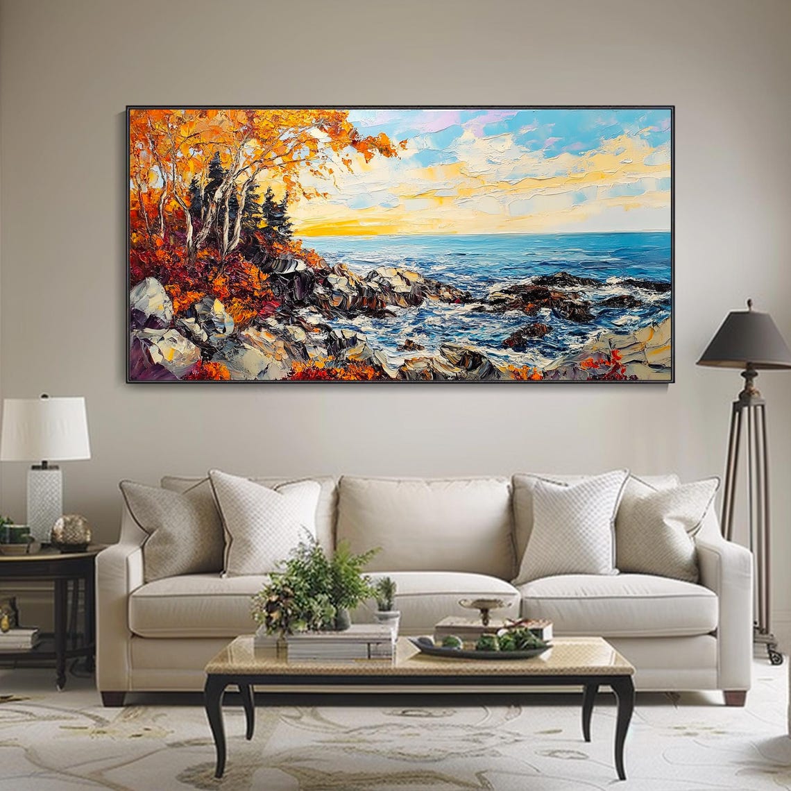 Autumn Rocky Coastline Ocean Sunset Orange Foliage Art Poster - Image 4