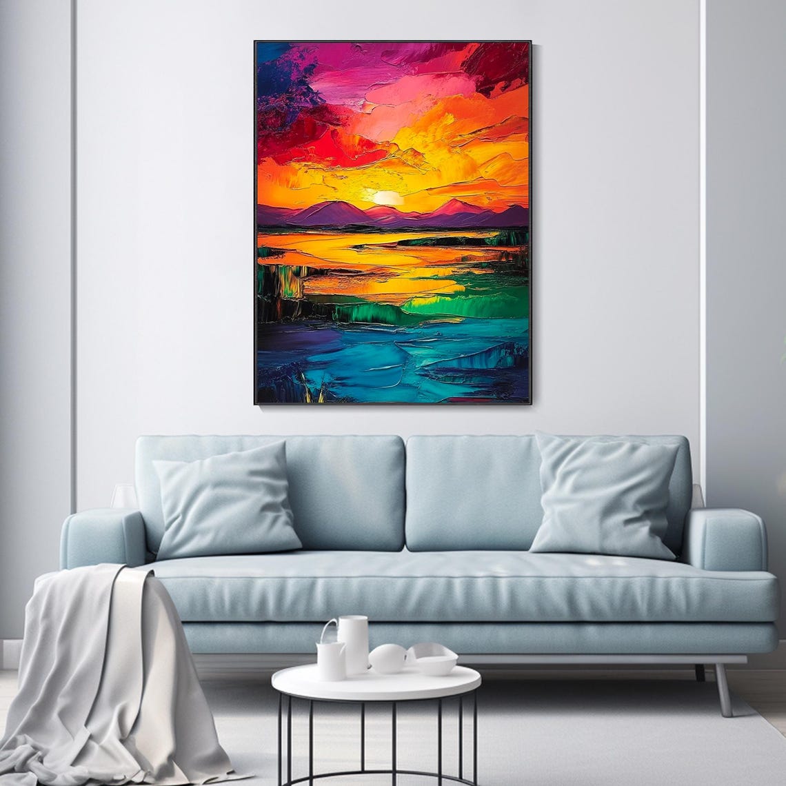 Vibrant Sunset Mountains Over Turquoise Water Abstract Art Poster - Image 3