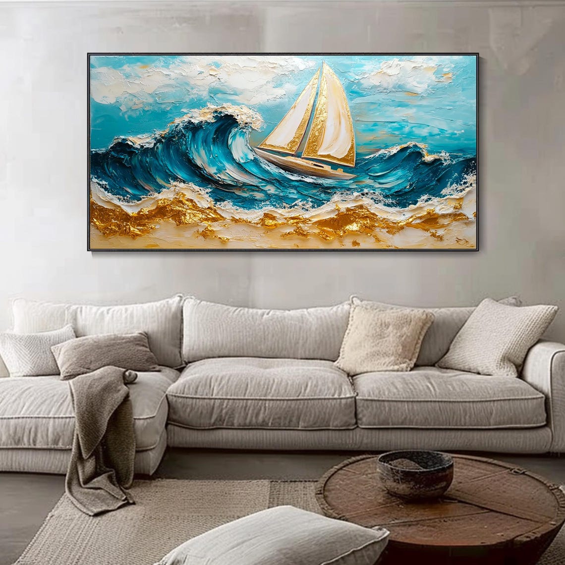 Golden Sailed Sailboat Riding Big Blue Wave Impasto Art Poster - Image 4