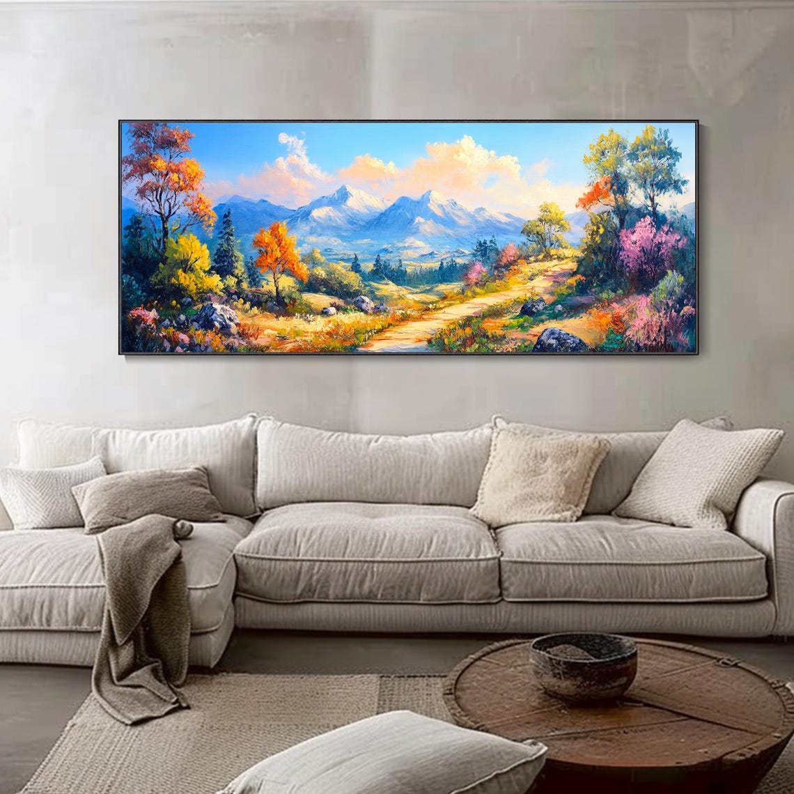 Autumn Mountain Path Meadow Snowy Peaks Colorful Impasto Art Poster - Image 5