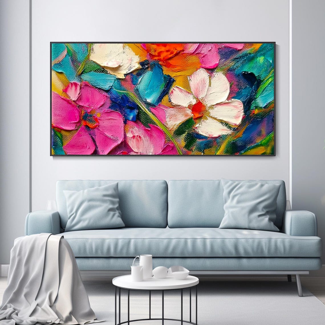 Bold Pink Turquoise Abstract Floral Close Up Palette Knife Poster - Image 3