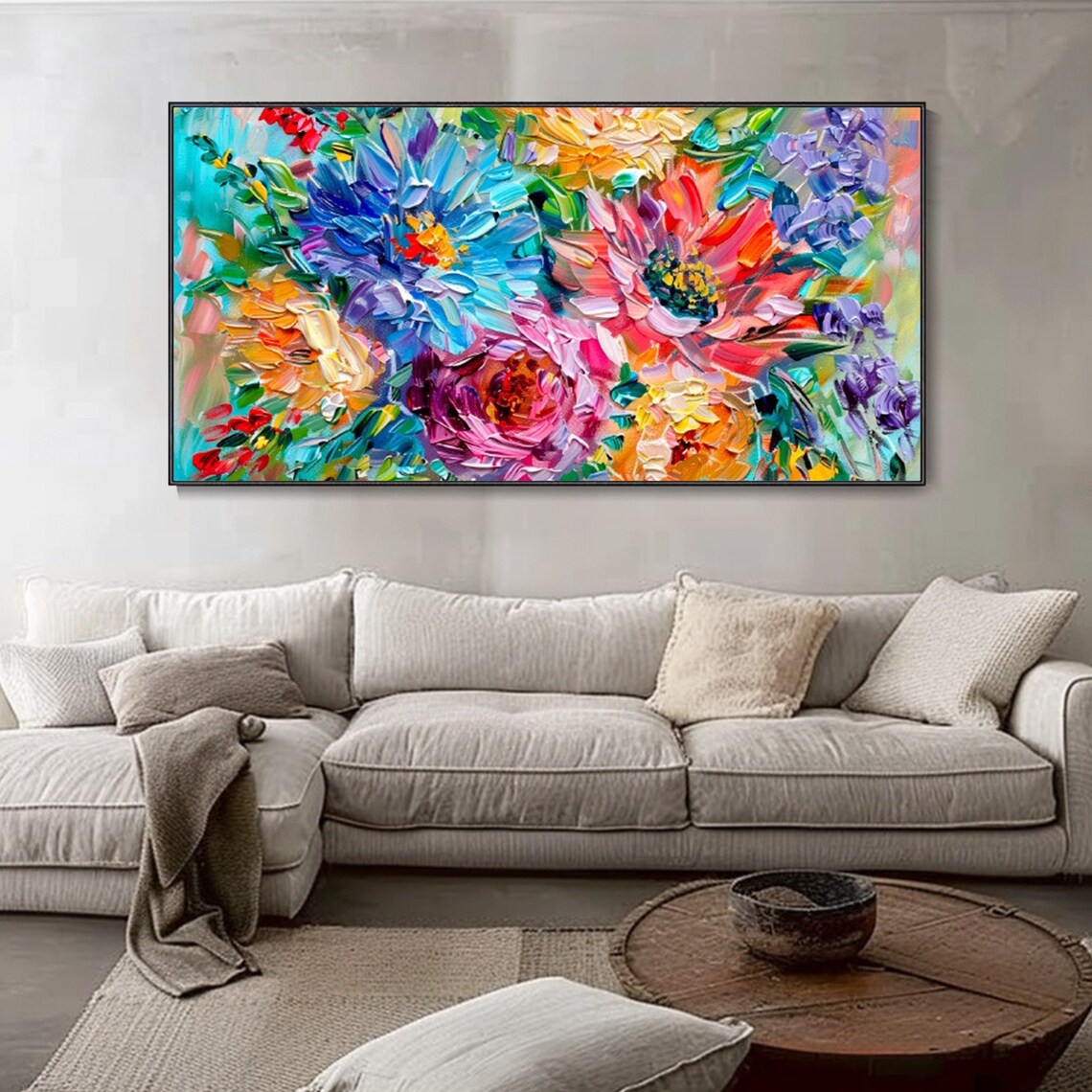 Vibrant Blue Pink Peony Bouquet Impasto Floral Oil Painting Poster - Image 3