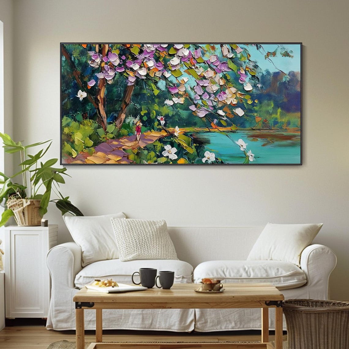 Blossoming Trees Turquoise Pond Spring Landscape Oil Art Poster - Image 4