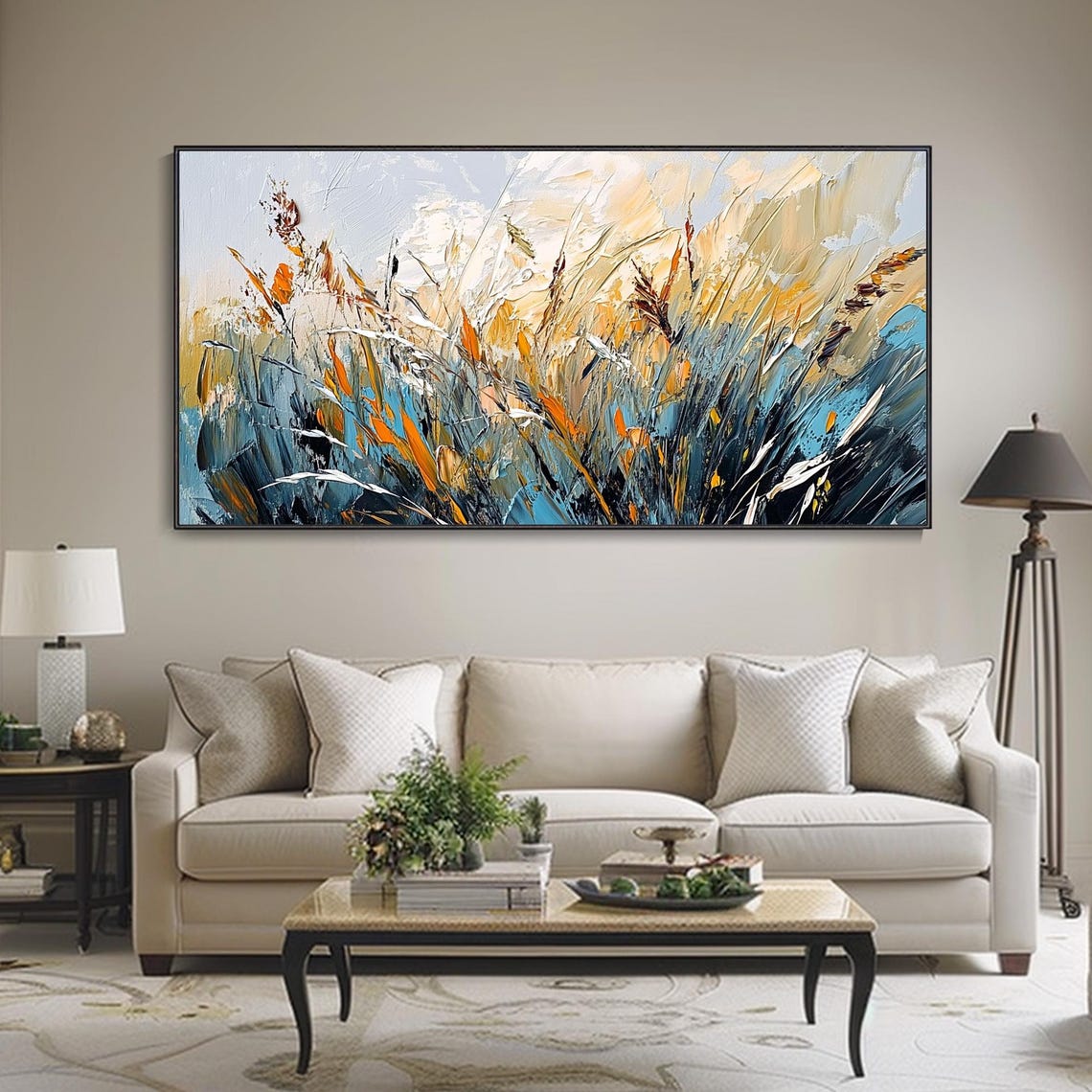 Teal Gold Windswept Grass Meadow Impasto Dynamic Modern Poster - Image 3