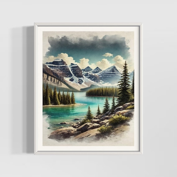 Banff National Park Canadian Rockies Turquoise Lake Watercolor Poster