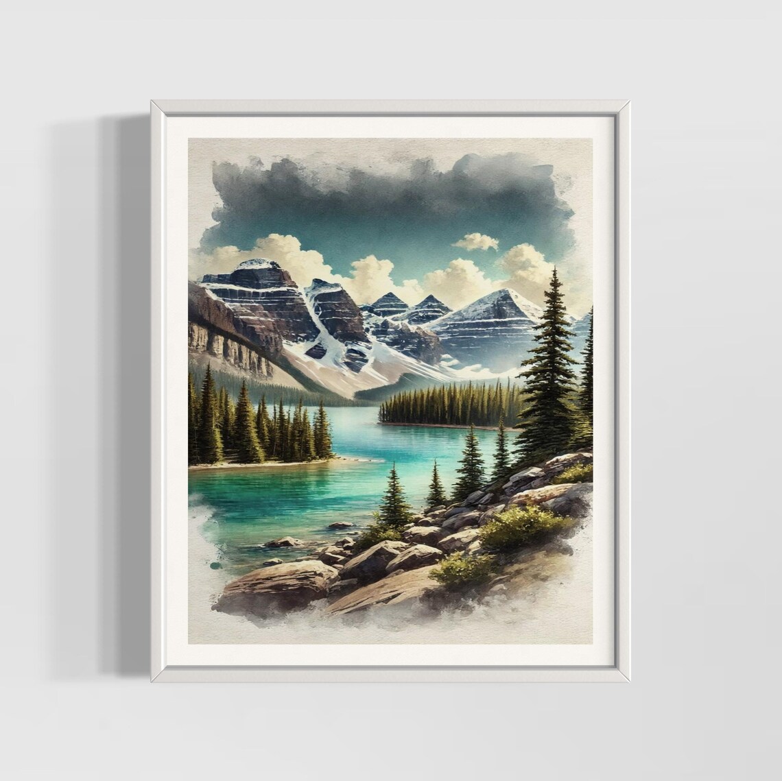 Banff National Park Canadian Rockies Turquoise Lake Watercolor Poster