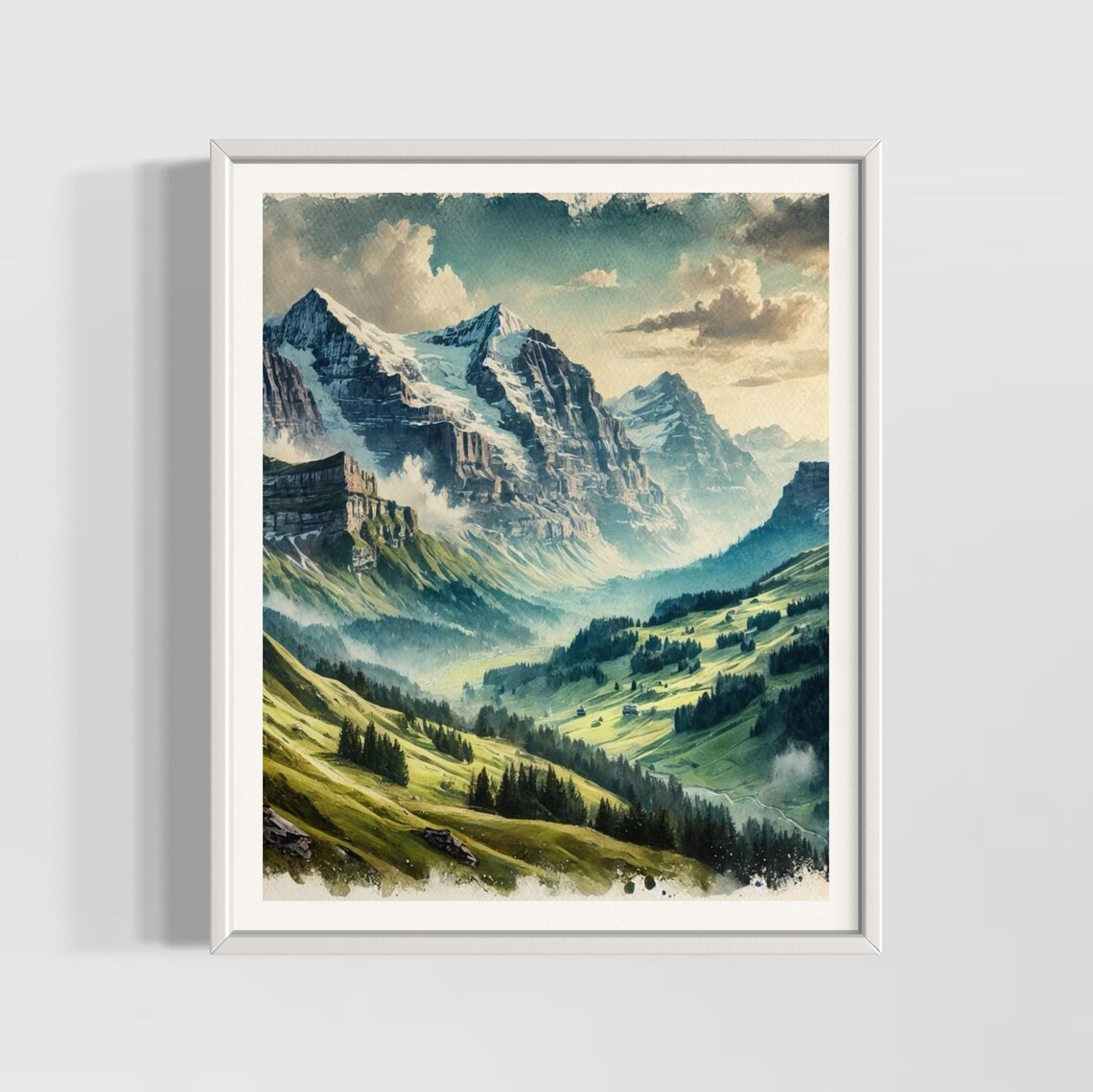Swiss Alps Watercolor Art Print, Mountain Landscape