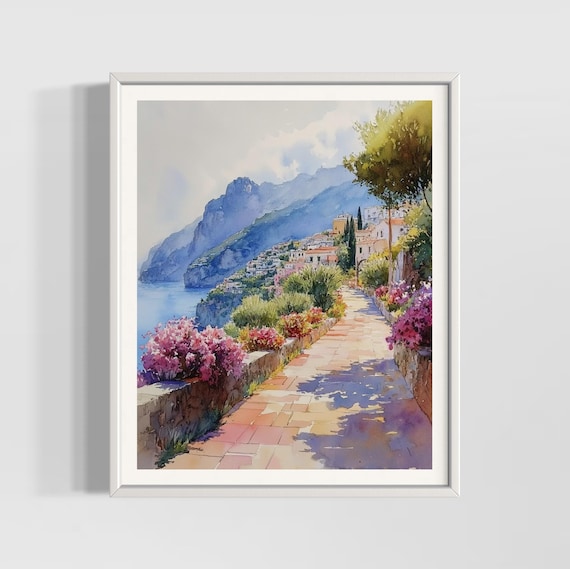 Amalfi Coast Flower Lined Path Watercolor Scenic Travel Poster
