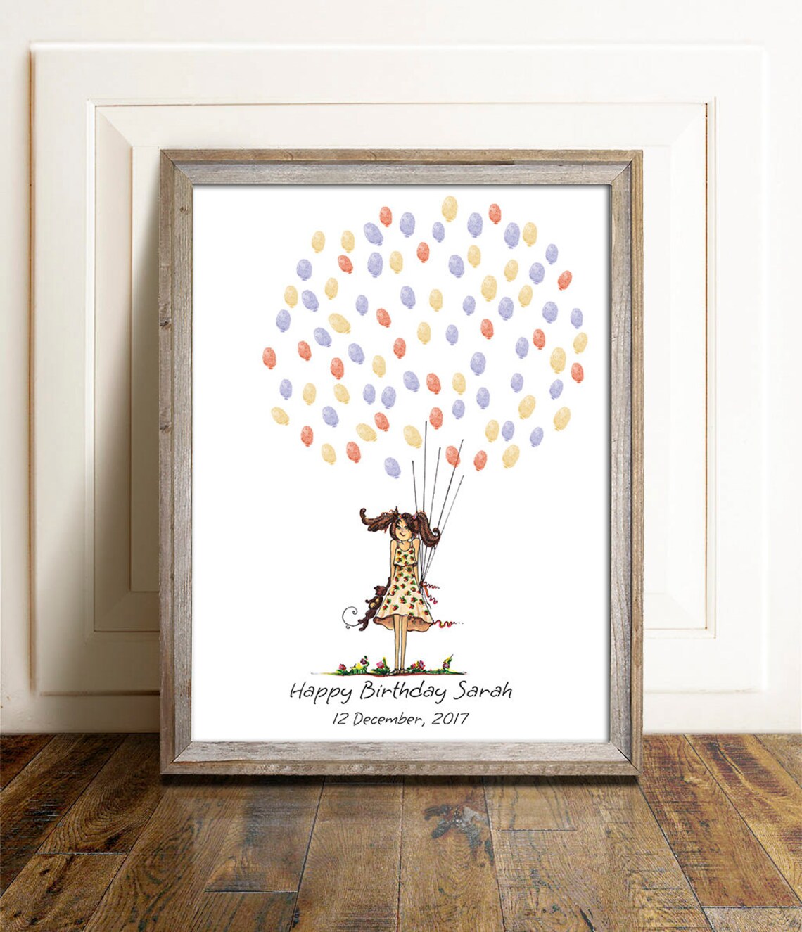 Baby Girl Guest Book, Birthday Fingerprint Balloon Art Print - Image 3