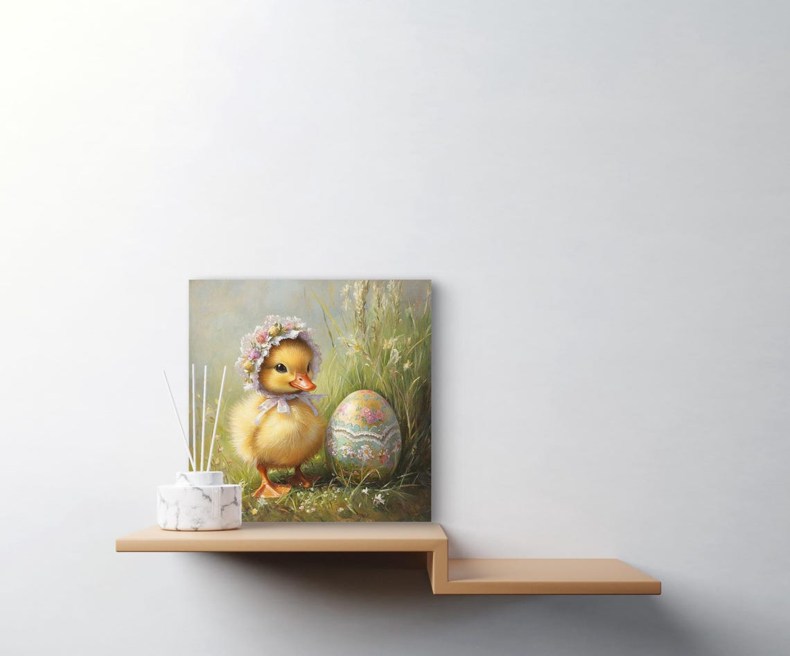 Duckling In Floral Bonnet With Painted Easter Egg Spring Meadow Poster - Image 2