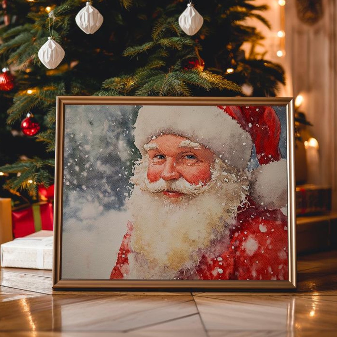 Santa Claus Smiling Portrait In Falling Snow Watercolor Poster