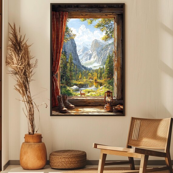 Mountain Cabin Matte Vertical Poster Winter Landscape Wall Art Rustic Deer Lake Scenery Print Nature Wilderness Home Decor Snowy Forest