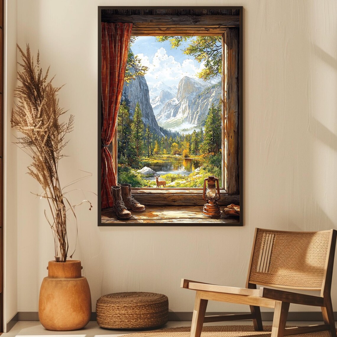 Mountain Cabin Matte Vertical Poster Winter Landscape Wall Art Rustic Deer Lake Scenery Print Nature Wilderness Home Decor Snowy Forest