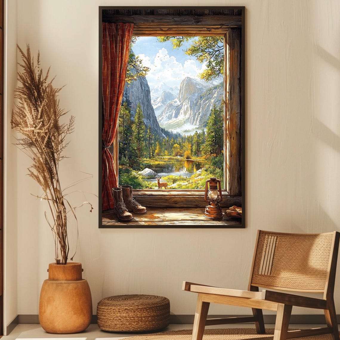 Rustic Cabin Window Mountain Valley View Poster With Deer By A Lake
