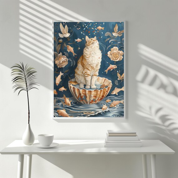 Cat as Birth of Venus in Giant Shell Botticelli Style Whimsy Poster