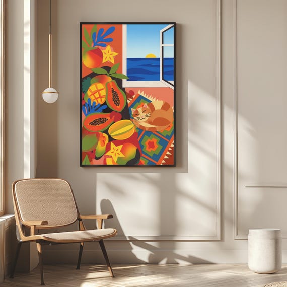Henri Matisse Inspired Cat Poster Vibrant And Fruits Art Print Ocean Sunset Scene Matte Wall Decor Dorm Room