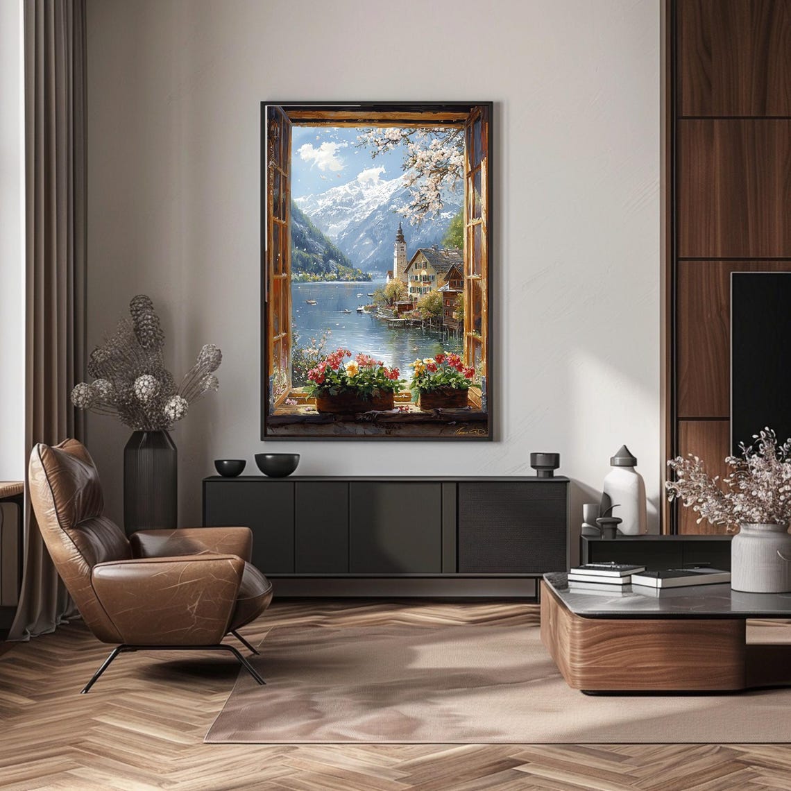 Alpine Lake Village Open Window View Floral Illusion Wall Art