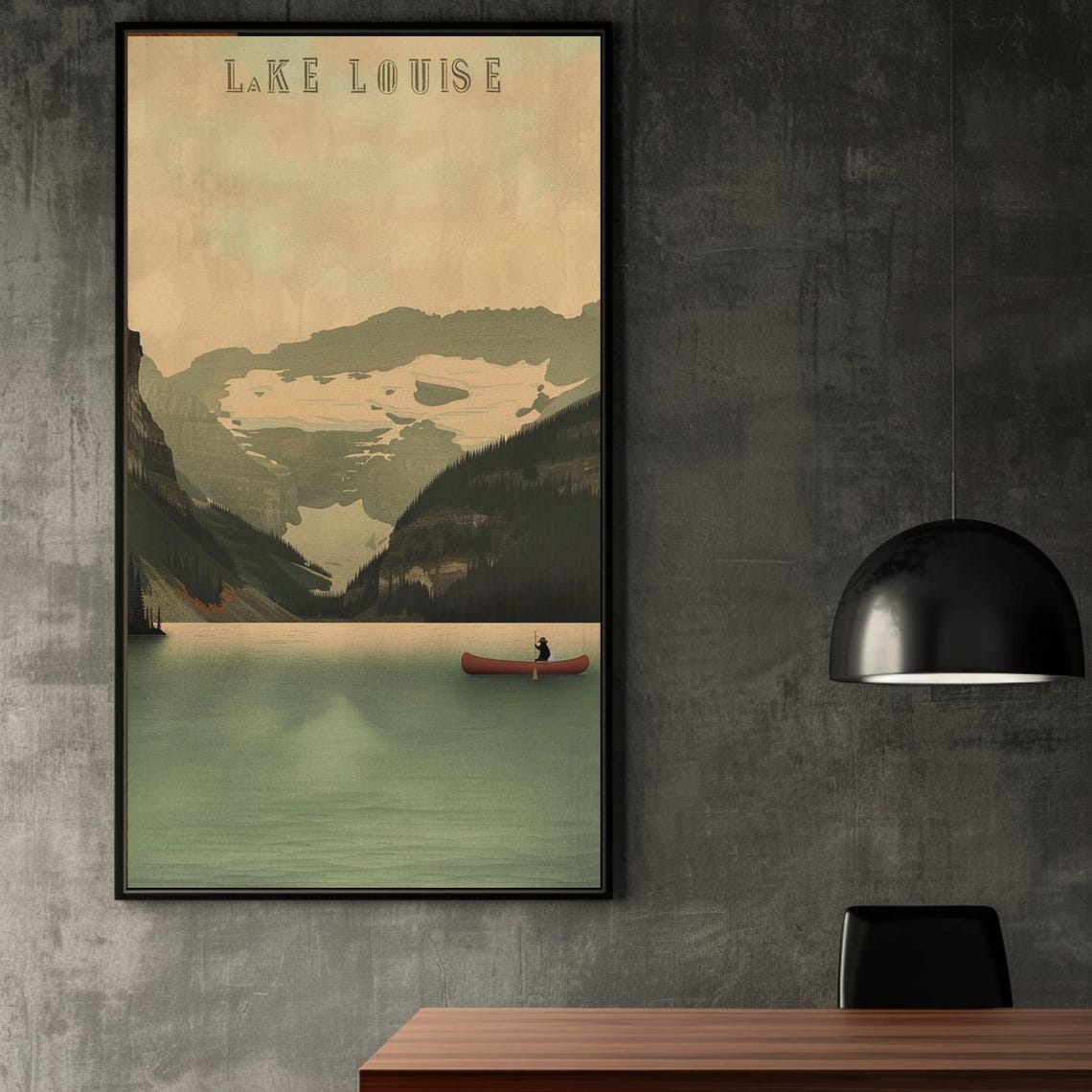 Lake Louise Canada Vintage Travel Poster Red Canoe Mountain Lake