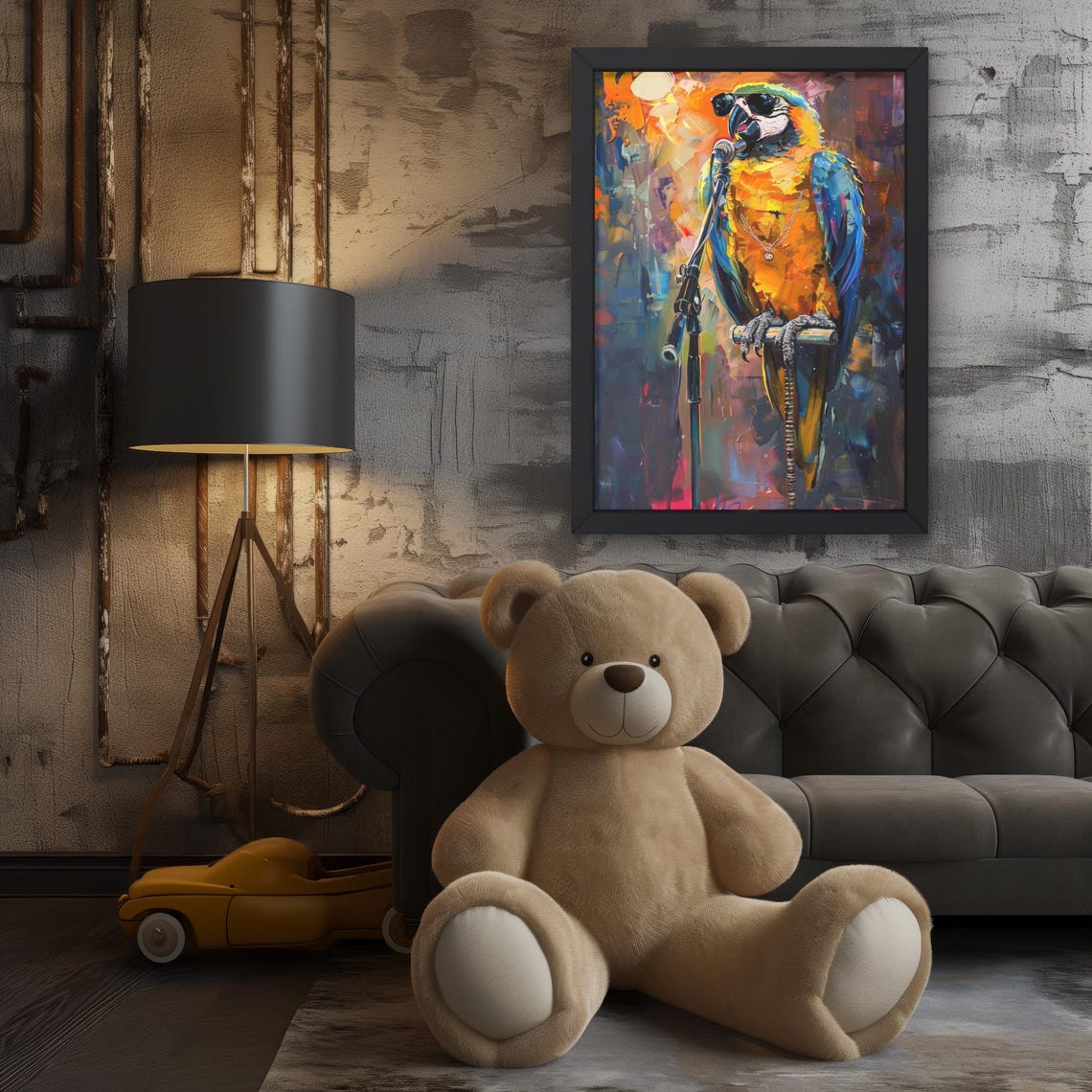 Colorful Singing Parrot Microphone Funny Bird Oil Painting Poster