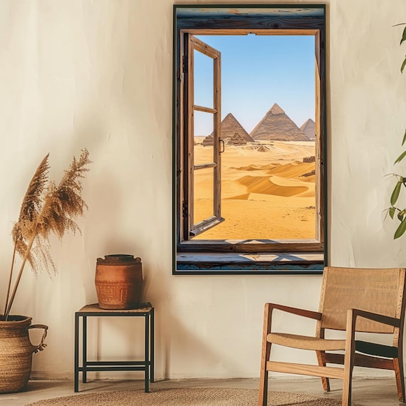 Open Window to Giza Pyramids Poster with Majestic Desert Pyramid View