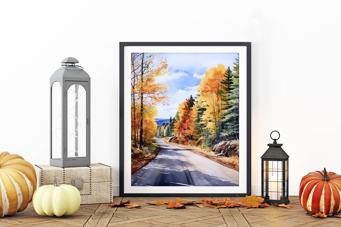 Golden Autumn Forest Road Watercolor Fall Landscape Art Print - Image 3
