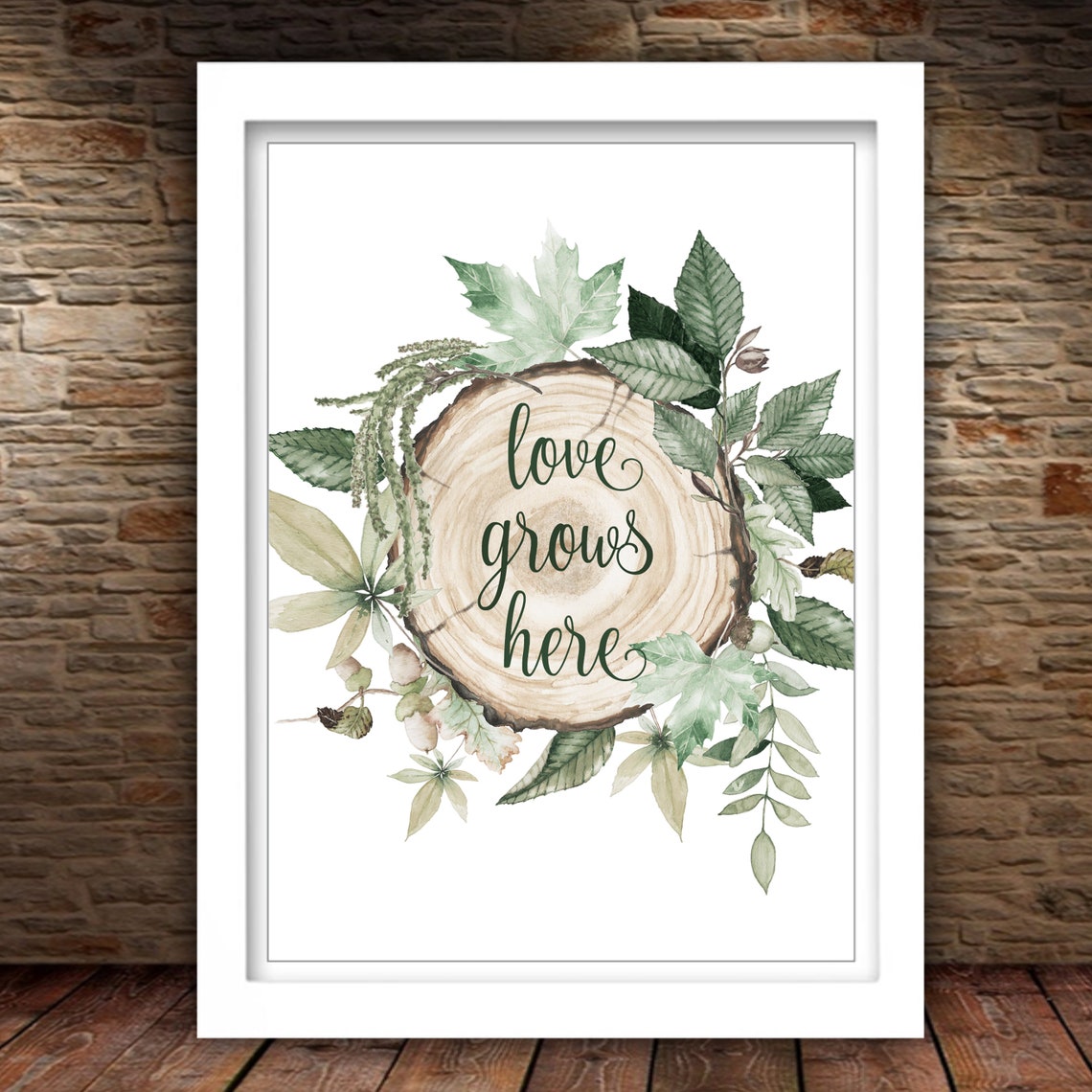 Love Grows Here Wood Slice Greenery Farmhouse Quote Art Print - Image 2