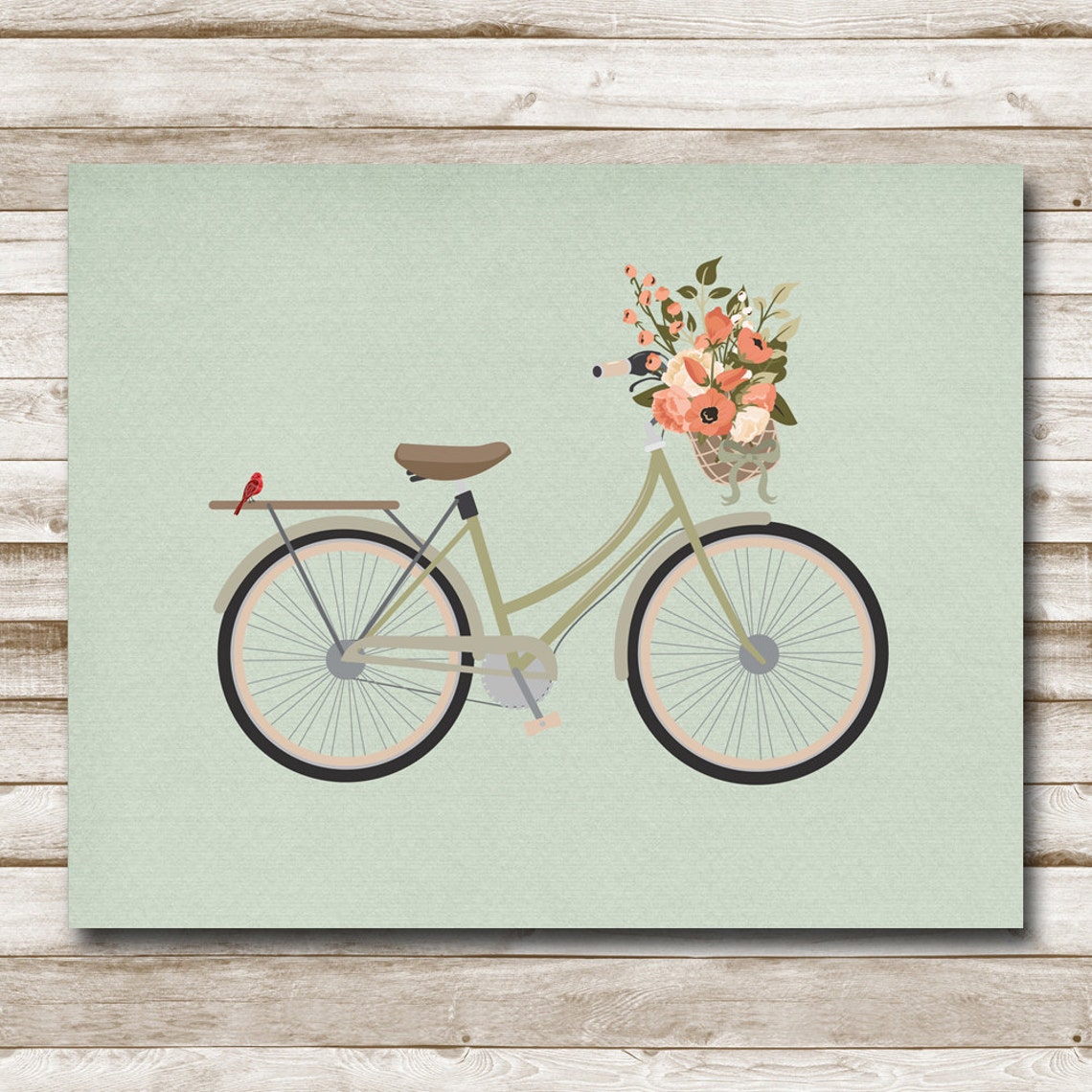 Vintage Sage Green Bicycle Flower Basket Mint Botanical Wall Art - Image 4