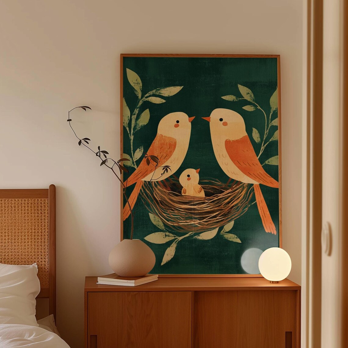 Two Birds With Chick In Nest Green Botanical Nursery Art Poster