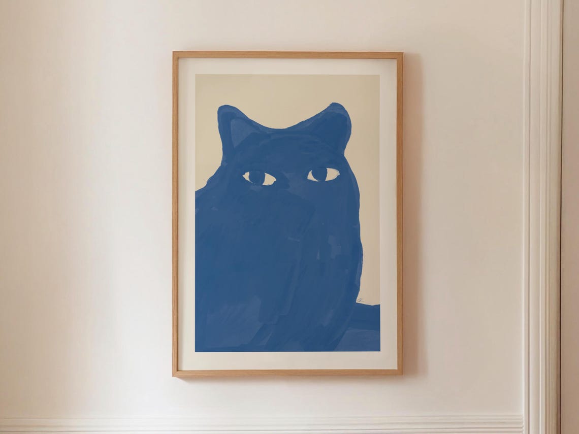 Blue Cat Minimalist Abstract Animal Painting Modern Gallery Poster