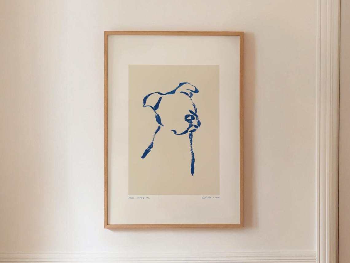 Minimalist Blue Line Dog Head Modern Ink Sketch Gallery Art Poster