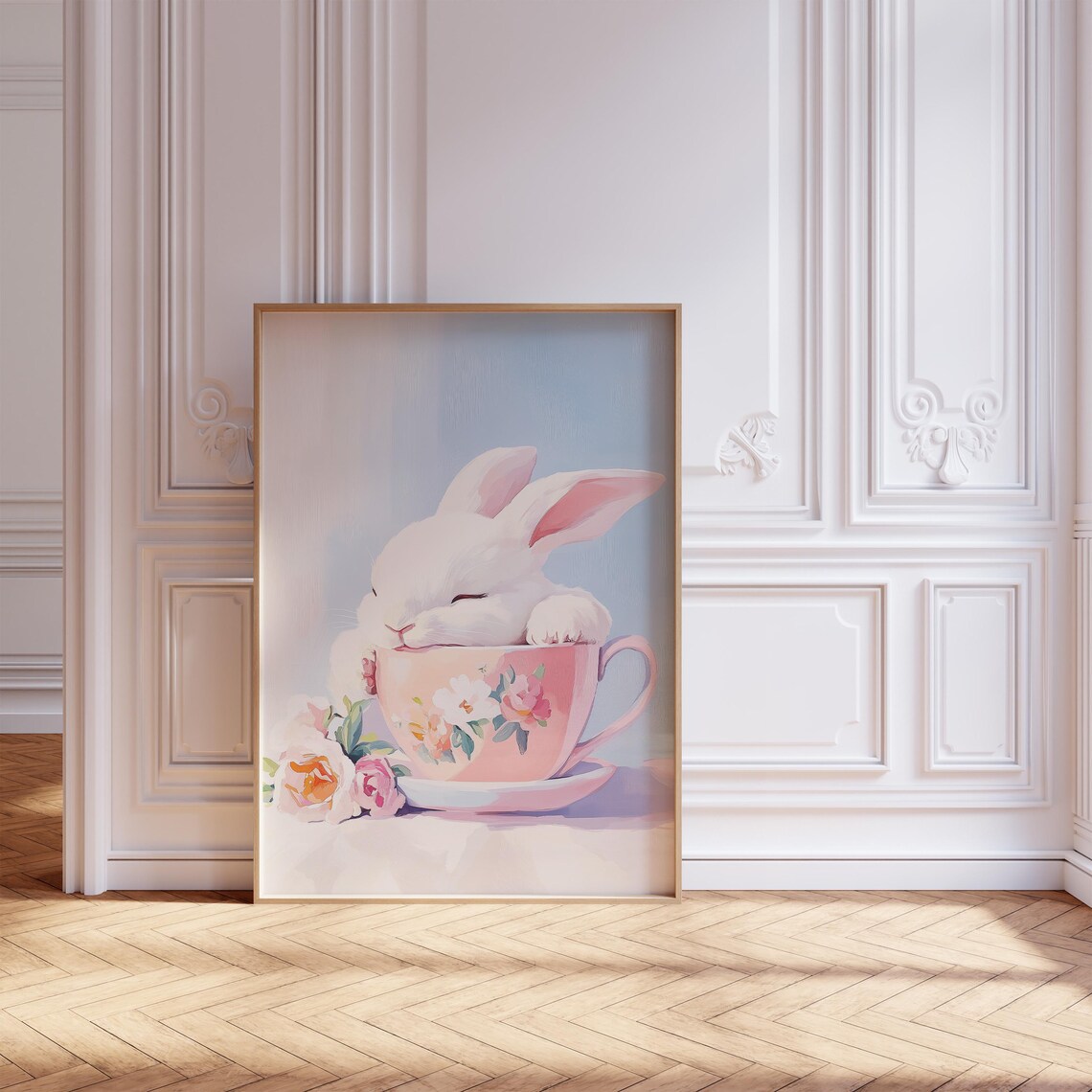 White Bunny Napping in Floral Teacup Cute Easter Spring Poster - Image 2