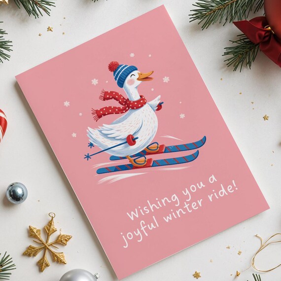Skiing Goose Joyful Winter Ride Festive Christmas Card Art Poster