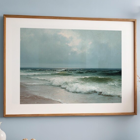 Vintage Coastal Ocean Waves Seascape Calm Blue Painting Poster