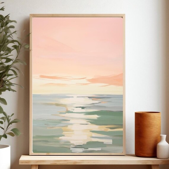 Pink Sunset Ocean Painting Shimmering Water Waves Pastel Sky Poster