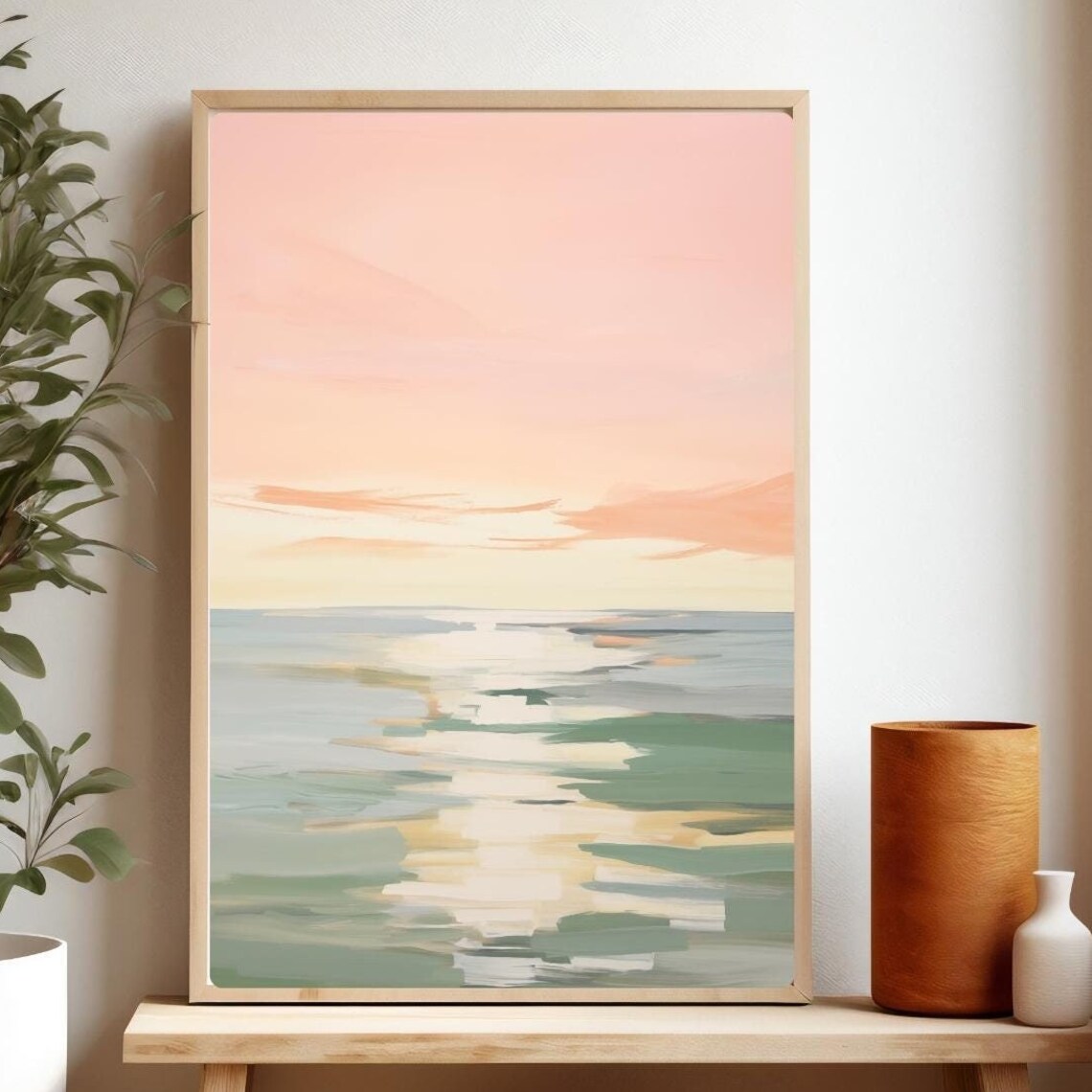 Pink Sunset Ocean Painting Shimmering Water Waves Pastel Sky Poster