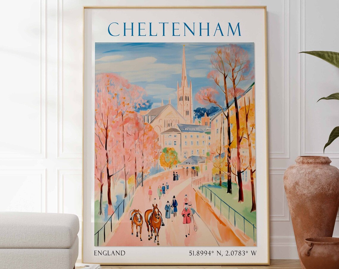 Cheltenham England Travel Poster Race Day Pink Blossom Scene