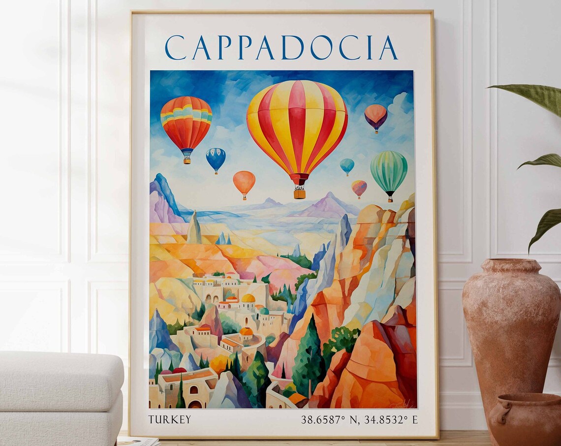 Cappadocia Turkey Colorful Balloons Over Rocky Valley Town Poster