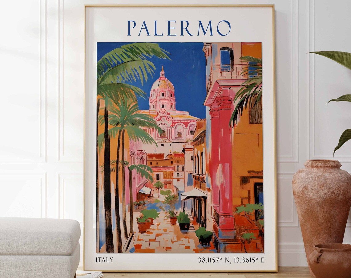 Palermo Italy Travel Poster Pink Cathedral Street Scene View