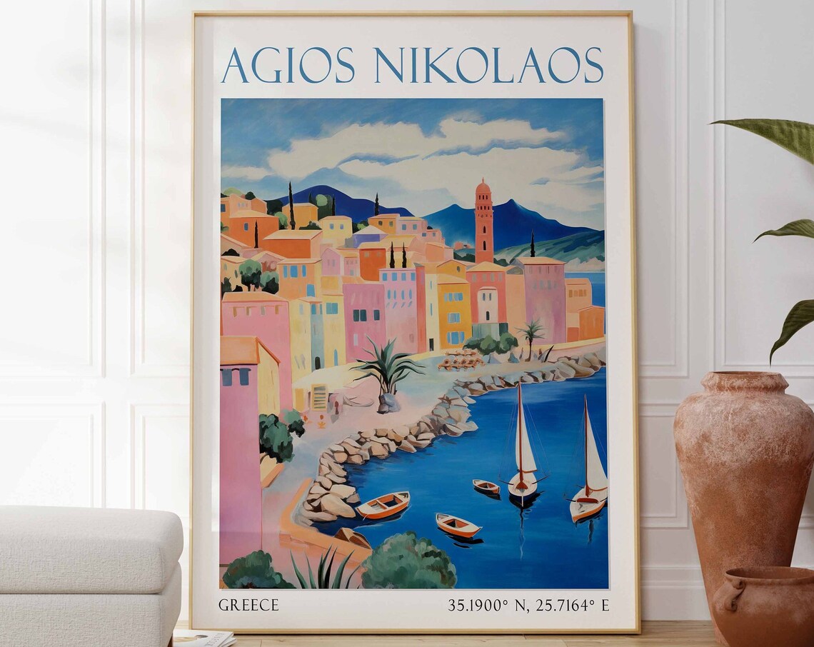 Agios Nikolaos Waterfront Sailboats Bell Tower Greece Travel Poster
