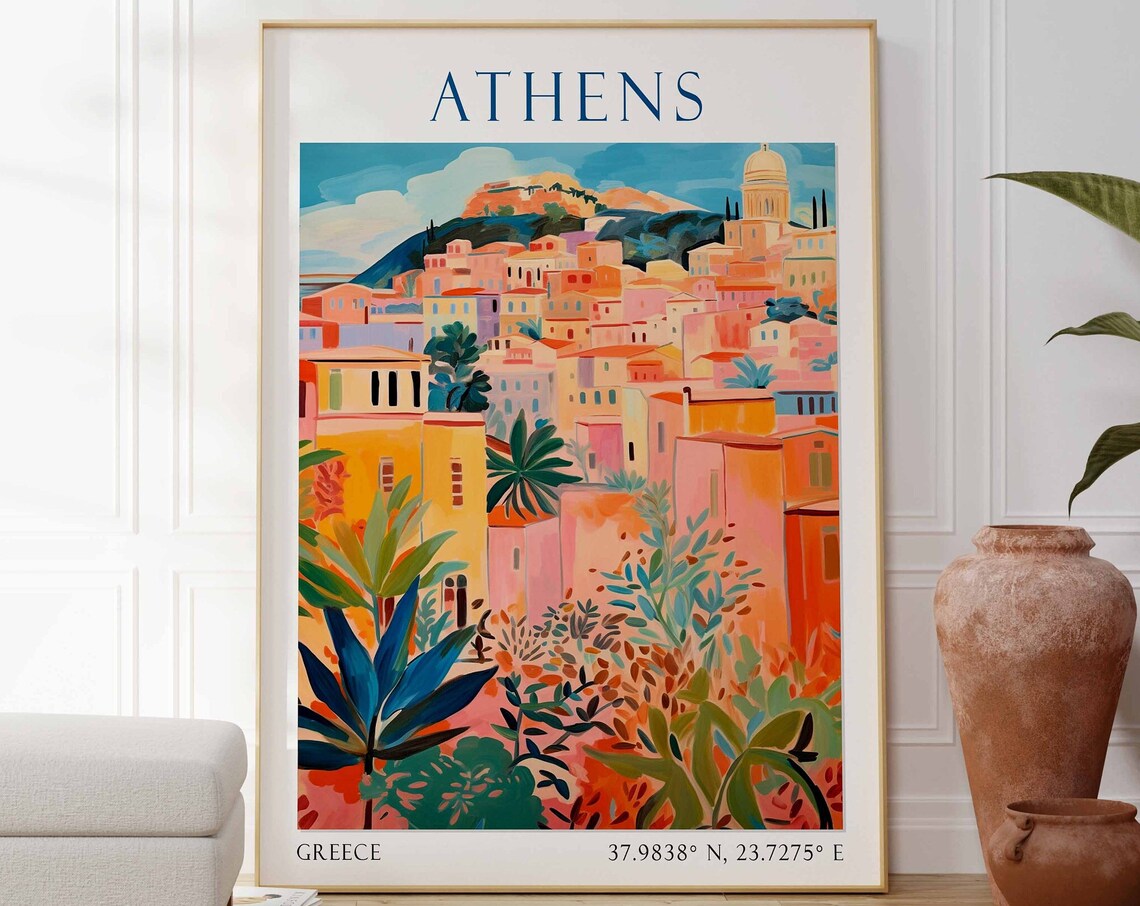 Athens Greece Acropolis Hill Colorful Cityscape Travel Poster