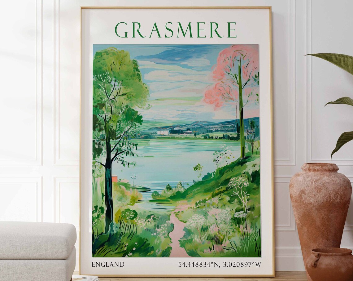 Grasmere Lake District Green Hills Countryside England Travel Poster